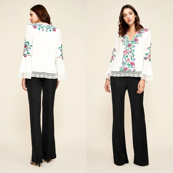 Tadashi Shoji Koa Floral Embroidered White Crepe Bell Sleeve Blouse Size Large - Picture 14 of 14